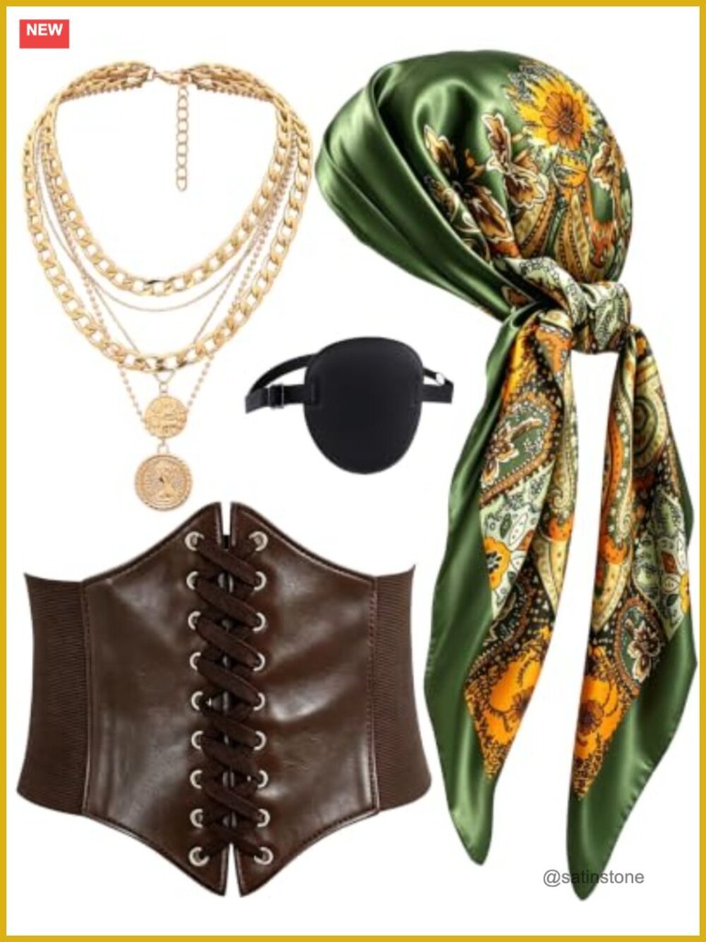 Pirate Costume Accessory Set Satin Scarf Corset Eye Patch Coin Necklace
